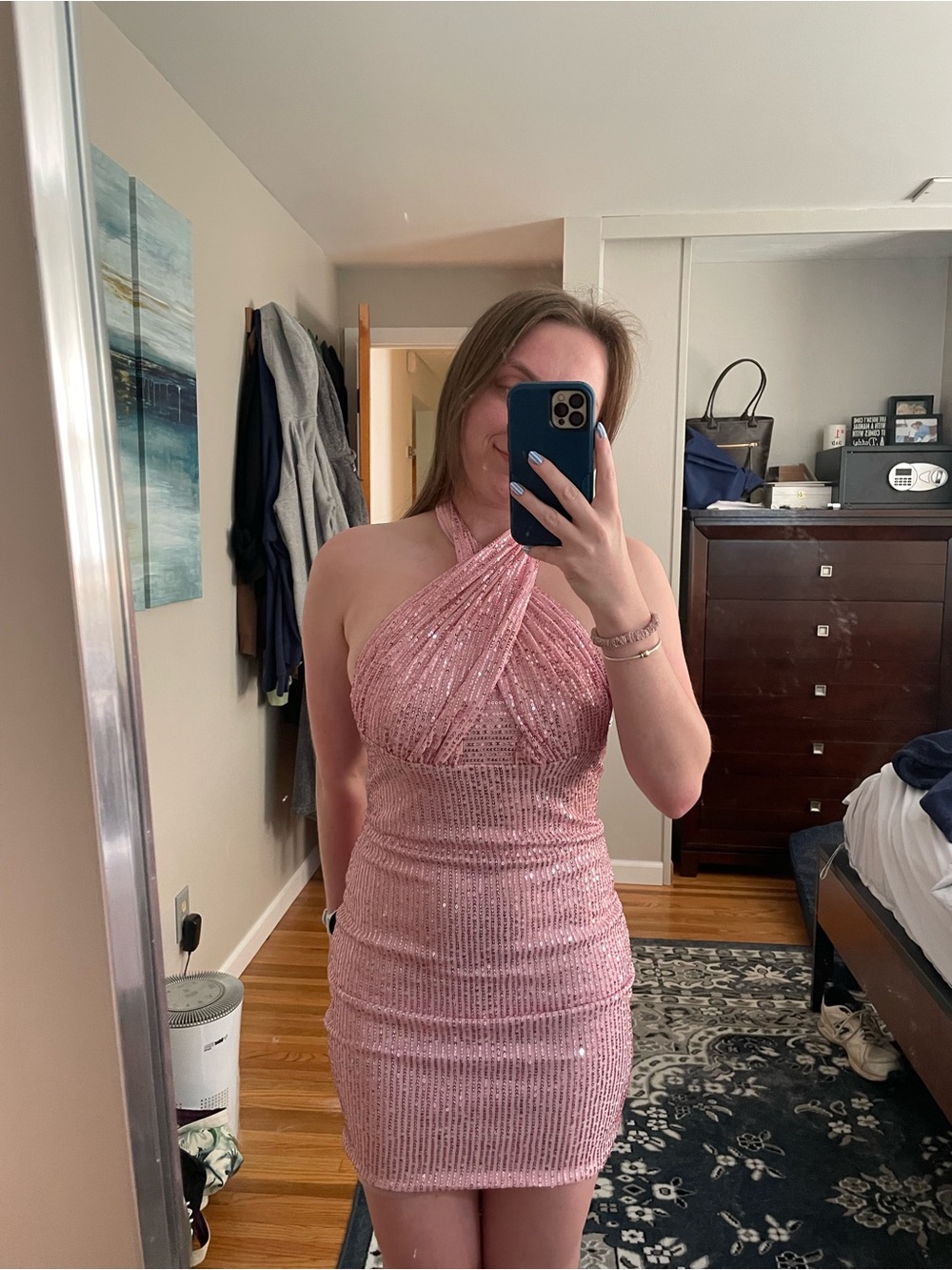 Pink Sequin Halter Mini Dress